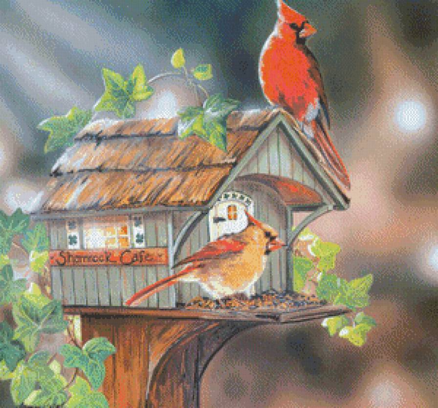 Серия "Птичий домик" - кардиналы, домик, птицы - предпросмотр