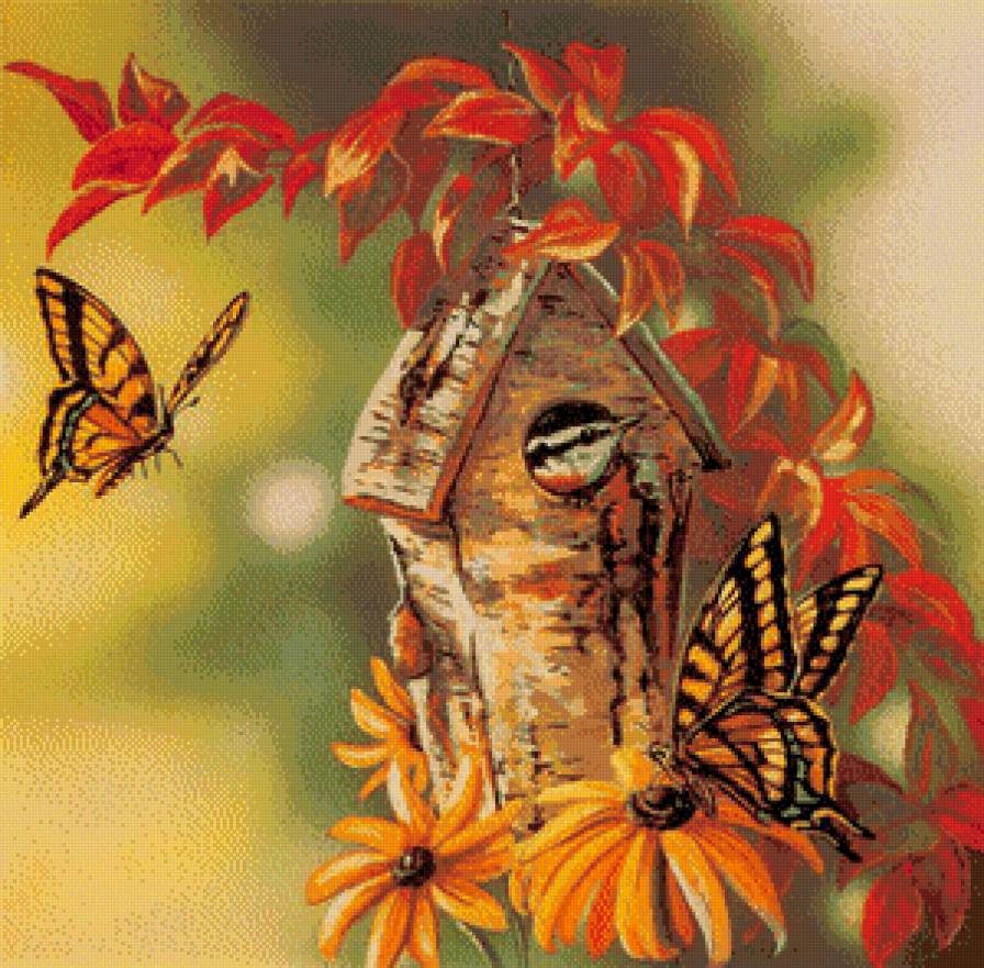 Серия "Птичий домик" - бабочки, домик, птицы, цветы - предпросмотр