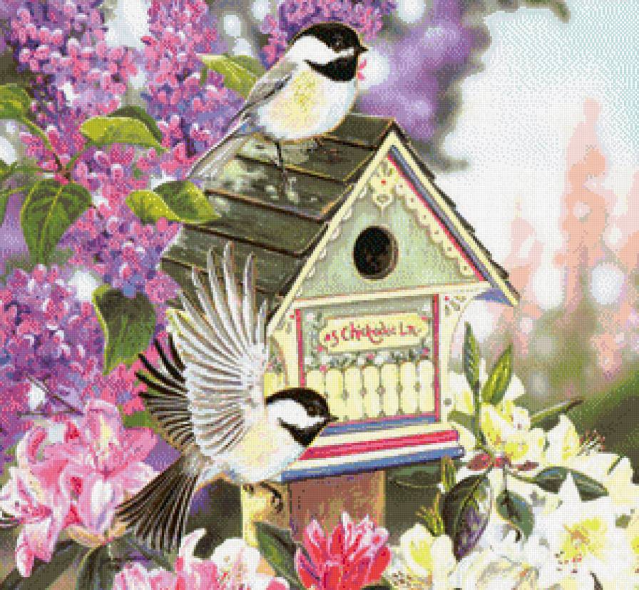 Серия "Птичий домик" - синицы, птицы, цветы, домик - предпросмотр