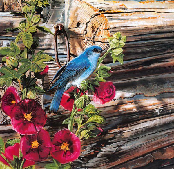 Серия "Птичий домик" - цветы, птицы, мальва - оригинал