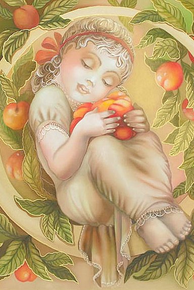 Девочка (Батик Н.Соколовой) - живопись, девочка, дети, персики, люди, батик, фрукты - оригинал