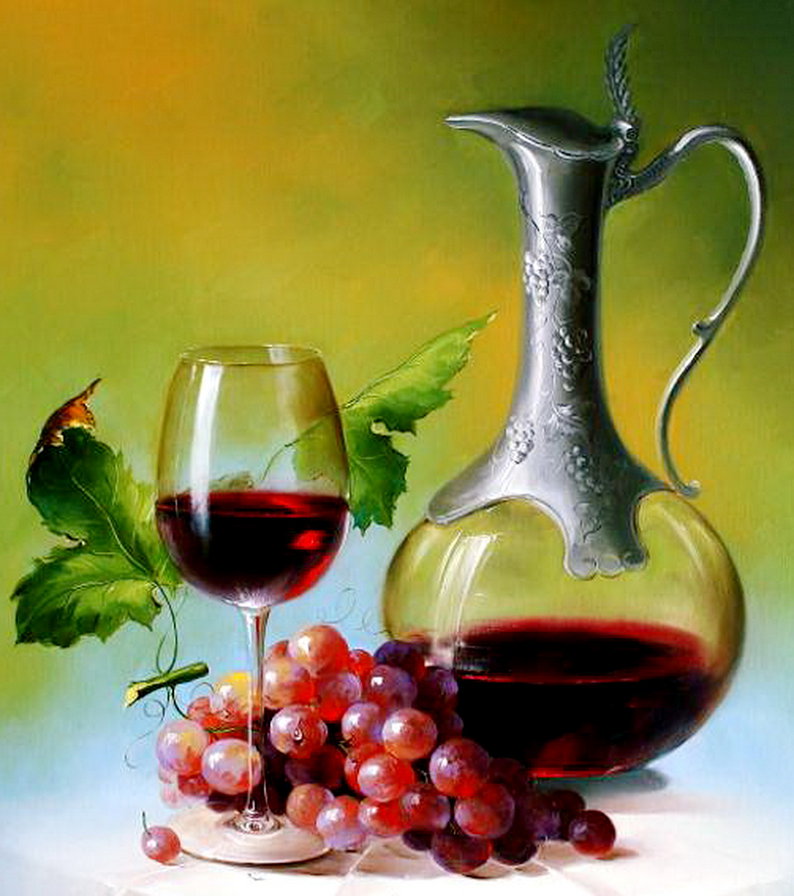 натюрморт - бокал, картина, листья, вино, живопись, виноград, графин - оригинал