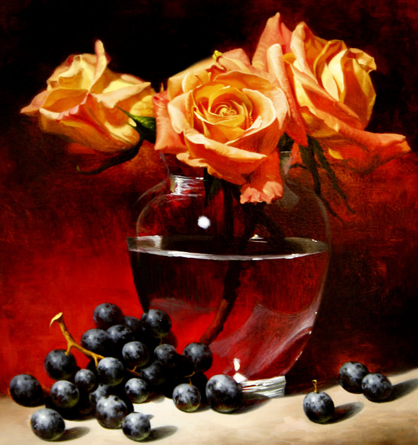 натюрморт - цветы, виноград, ваза, розы, живопись, роза, картина, букет - оригинал