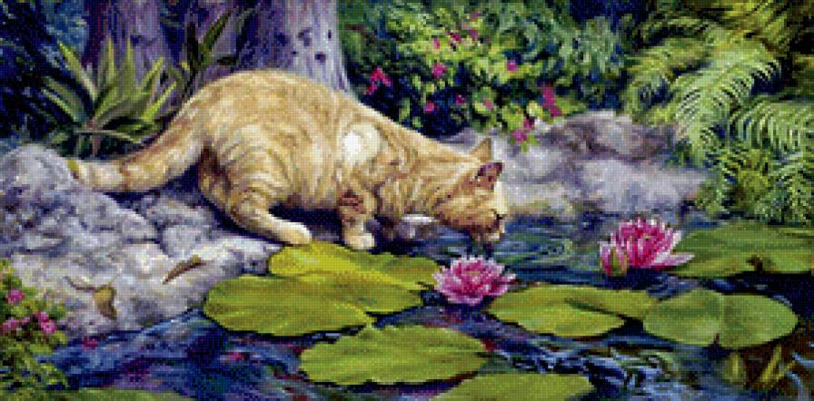 кошка у пруда - цветы, вода, кот, лотос, живопись - предпросмотр