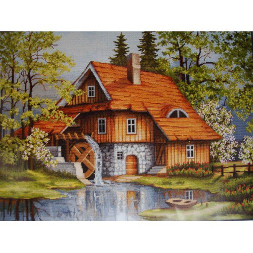 Уютный уголок - домик, мельница, пейзаж, ручей - оригинал