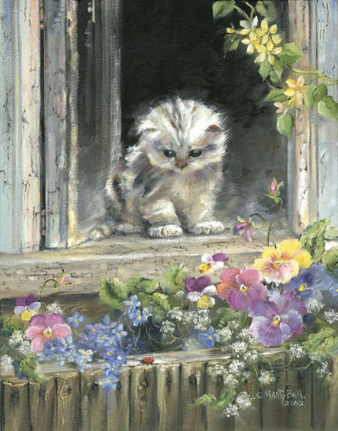 котёнок на подоконнике - за окном, котенок, кошка, коты, кот, цветы - оригинал