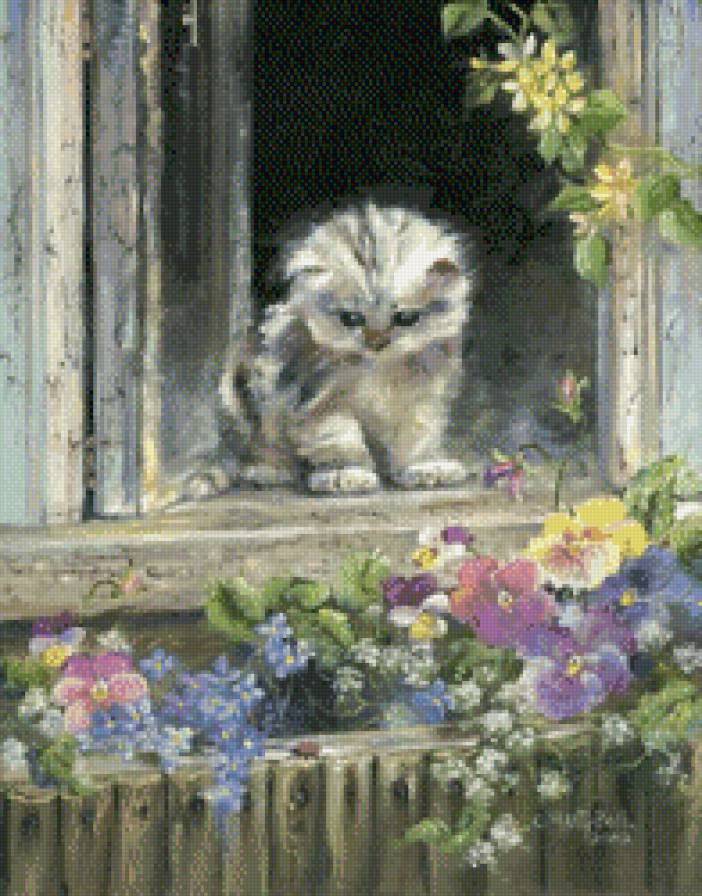 котёнок на подоконнике - за окном, котенок, коты, кот, кошка, цветы - предпросмотр