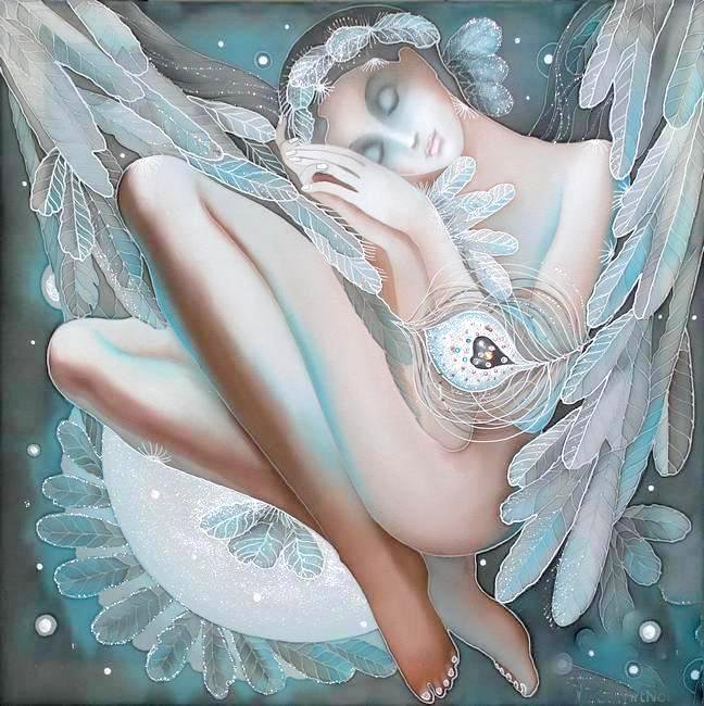 Спящий ангел (Батик Н.Соколовой) - батик, фэнтези, сон, ангел, живопись - оригинал