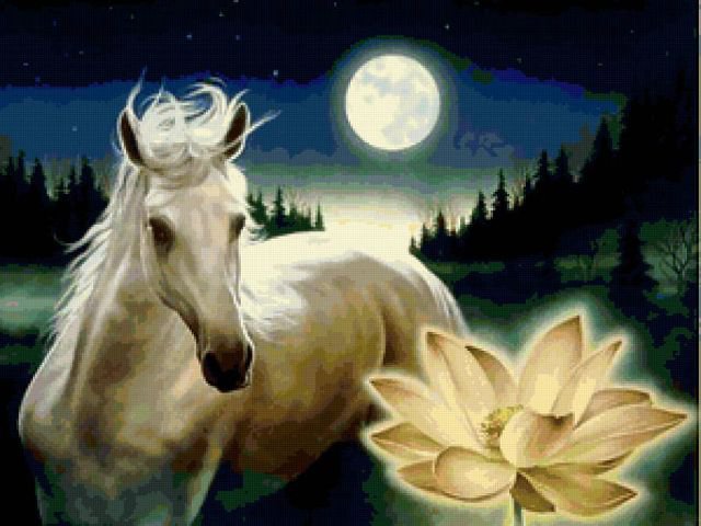 белый конь и белый лотос - лошадь, цветы, единороги, конь, животные - оригинал