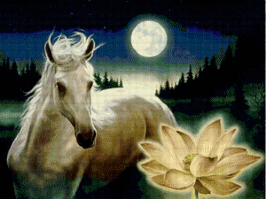 белый конь и белый лотос - животные, единороги, цветы, лошадь, конь - предпросмотр