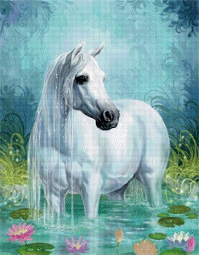 белый конь и лотосы - животные, единороги, лошадь, конь, цветы - предпросмотр