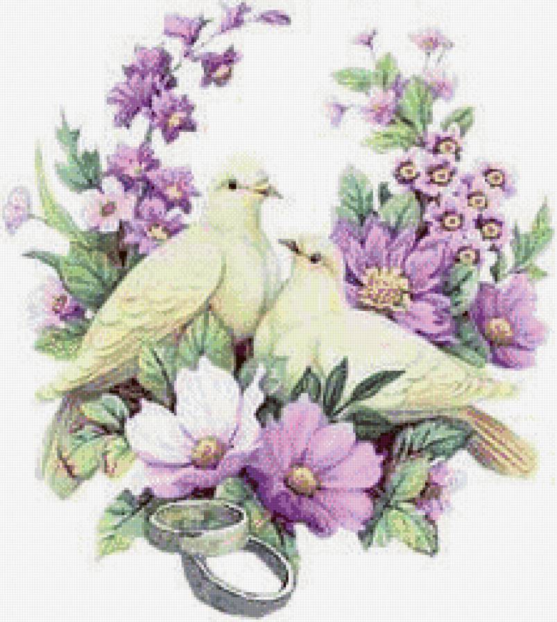 голуби в цветах на рушник - птицы, голуби, пара, кольца, цветы, рушник - предпросмотр