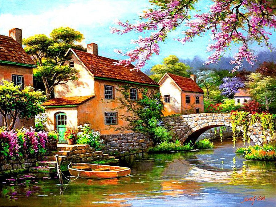 Солнечный день - домики, пейзаж, солнце, лодка, мост, река - оригинал