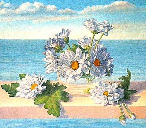 Хризантемы - цветы, море, хризантемы, пейзаж - оригинал