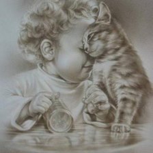 малыш и кот монохром