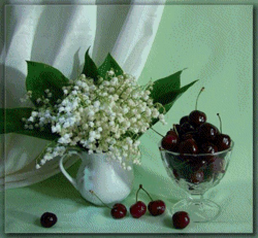 ландыши и черешни - цветы, ягоды, букет, ваза, натюрморт, черешни, ландыши - предпросмотр