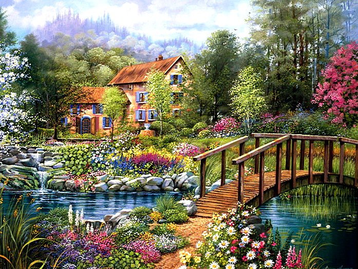 Домик у пруда - мостик, домик, пейзаж, сад, цветы, пруд - оригинал