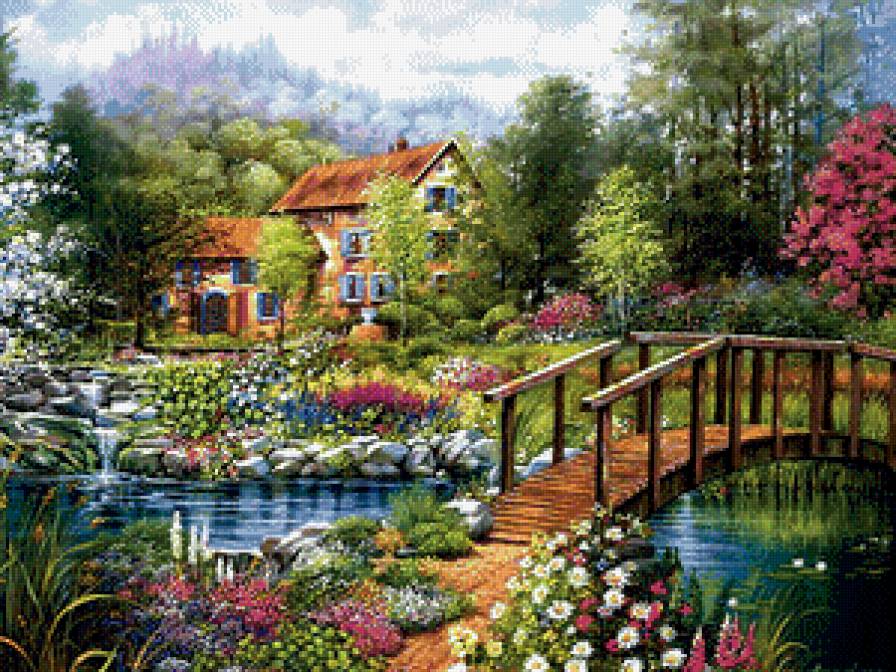 Домик у пруда - мостик, сад, домик, цветы, пруд, пейзаж - предпросмотр