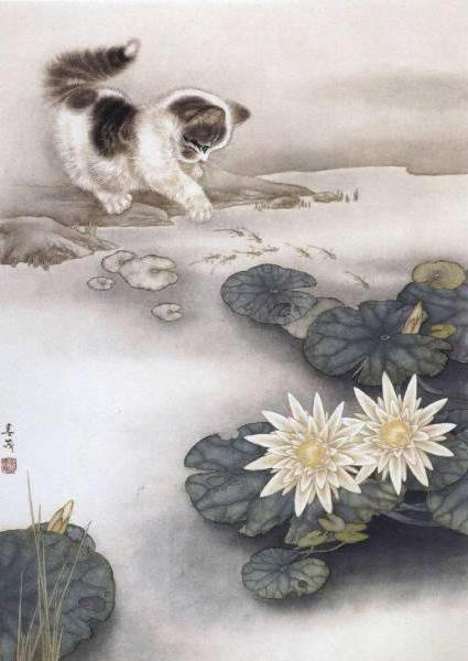 котёнок и лотос - одуванчики, кот.котенок, животные, детские, цветы - оригинал