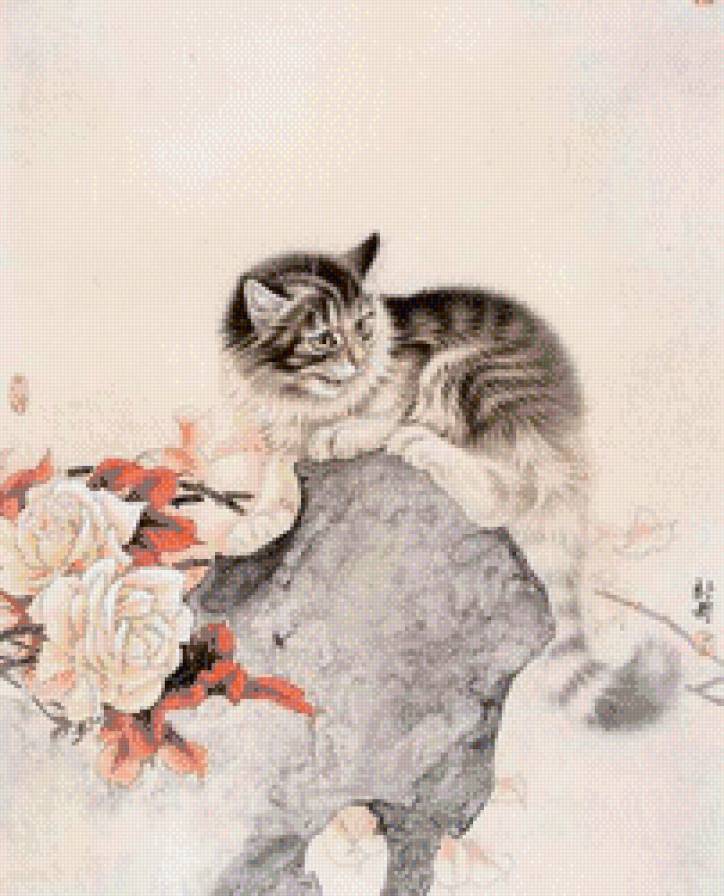 котёнок на камне - котенок, домашние любимцы, кот, природа, кузнечик - предпросмотр