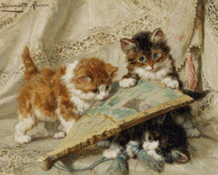 котята с веером - котенок, бабочка, домашние любимцы, кот, котята, корзинка, котик - предпросмотр