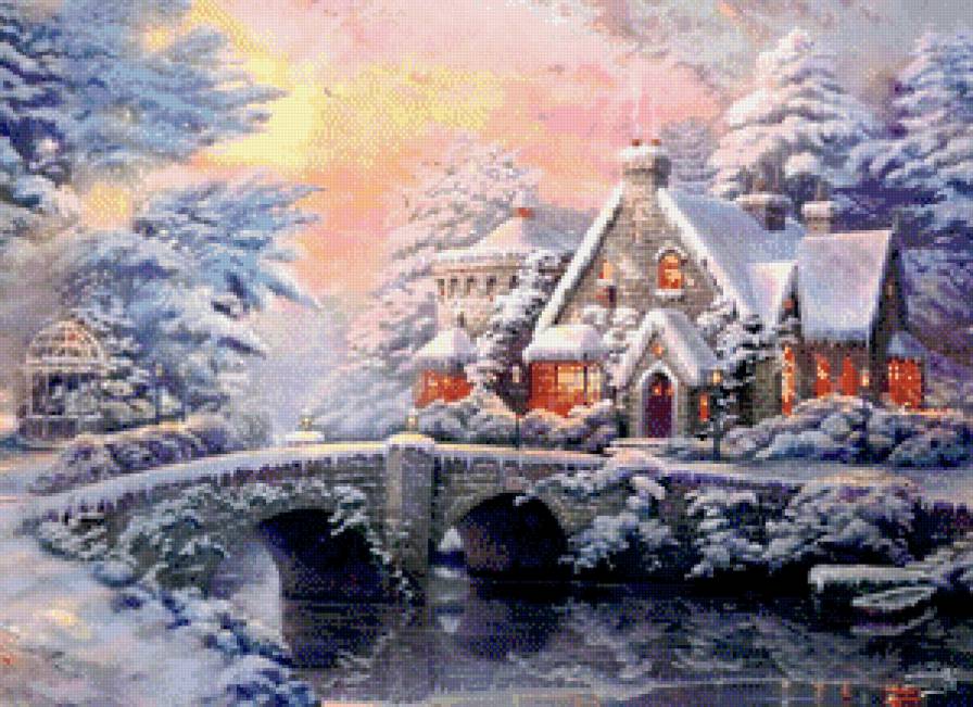 зимний домик с мостиком - домик, новый год, природа, снег, мостик, пейзаж, зима, беседка, лес - предпросмотр