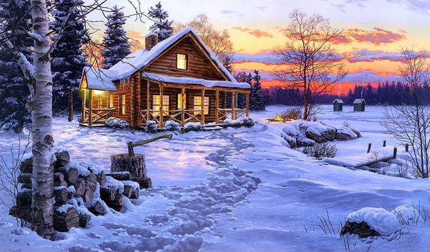 Зимний домик - пейзаж, зима, снег, река, домик - оригинал