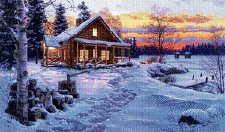 Зимний домик - домик, зима, пейзаж, река, снег - предпросмотр