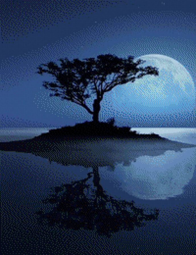 Одинокое дерево - одинокое дерево, отражение, луна, ночь, озеро - предпросмотр