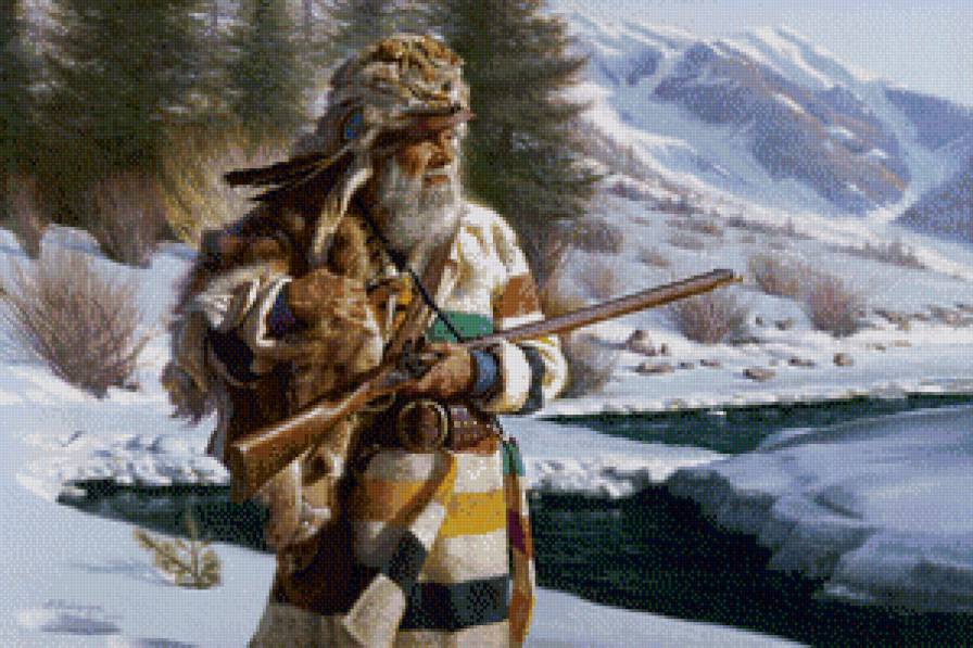 Охотник - мужчина, зима, река, пейзаж, горы - предпросмотр