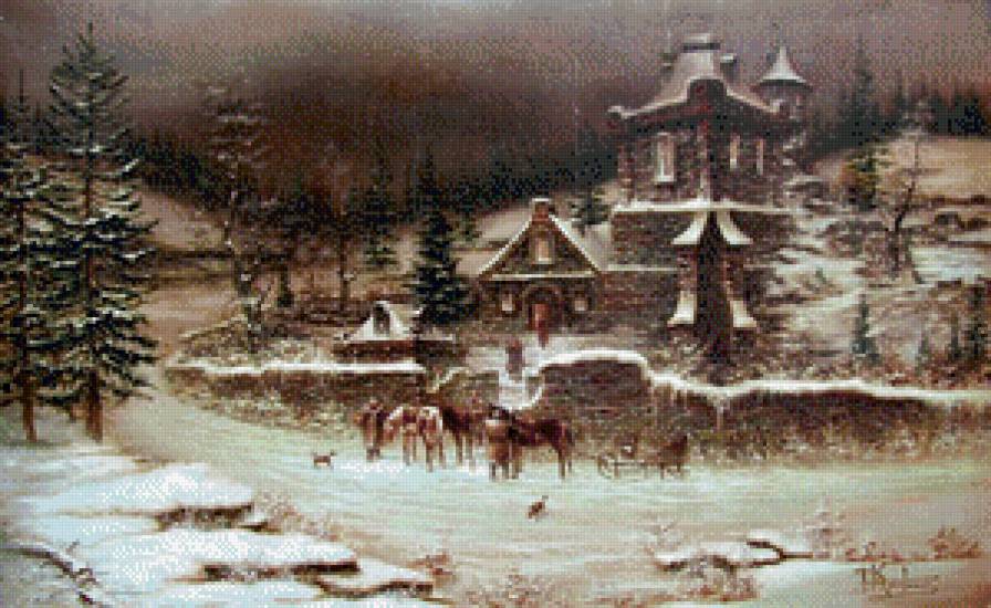 Серия "Зимний пейзаж" - пейзаж, люди, домик, зима, лошади, животные - предпросмотр