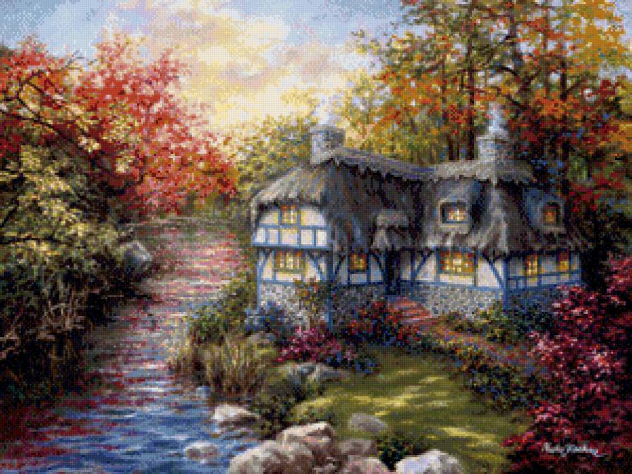 Осенний домик - река, домик, цветы, осень, пейзаж - предпросмотр