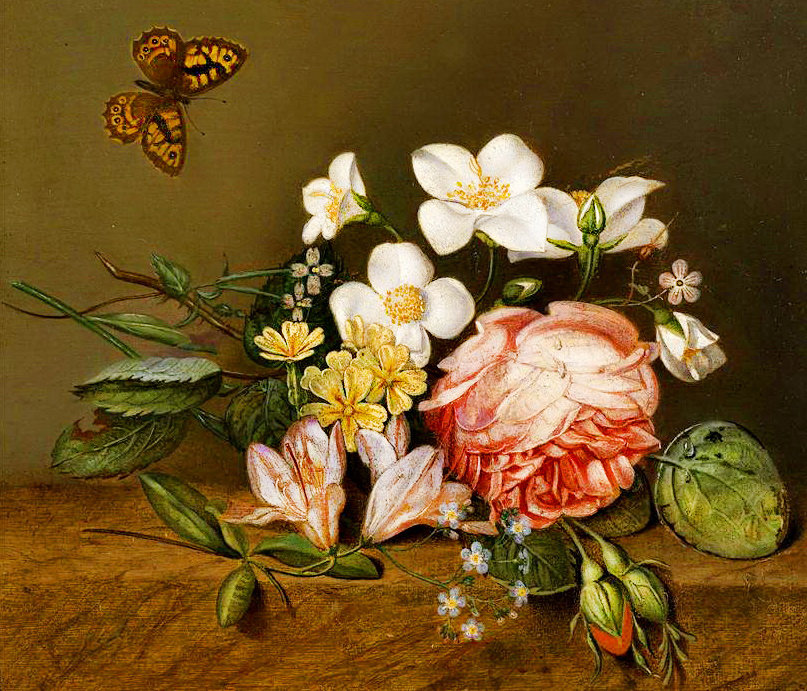 старинная картина - живопись, роза, цветы, жасмин, незабудки, рэтро, букет, фрезия, бабочка - оригинал