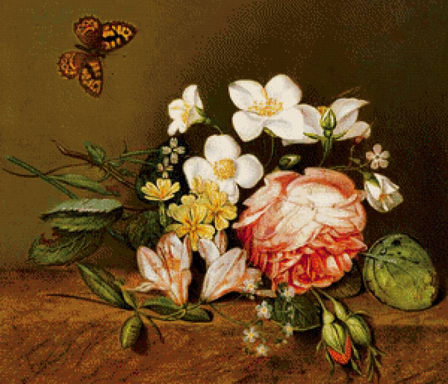 старинная картина - незабудки, бабочка, фрезия, букет, рэтро, цветы, живопись, жасмин, роза - предпросмотр
