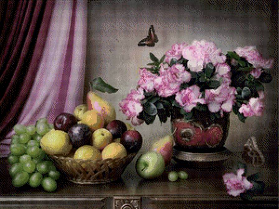 Натюрморт с фруктамм - цветы, бабочки, натюрморт, фрукты, ваза - предпросмотр