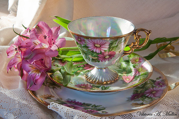 Нежное чаепитие - посуда, натюрморт, цветы, чашка - оригинал