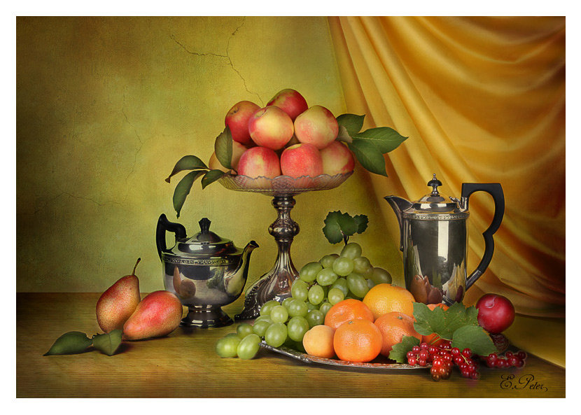 Натюрморт с фруктамм - ваза, натюрморт, фрукты, посуда - оригинал