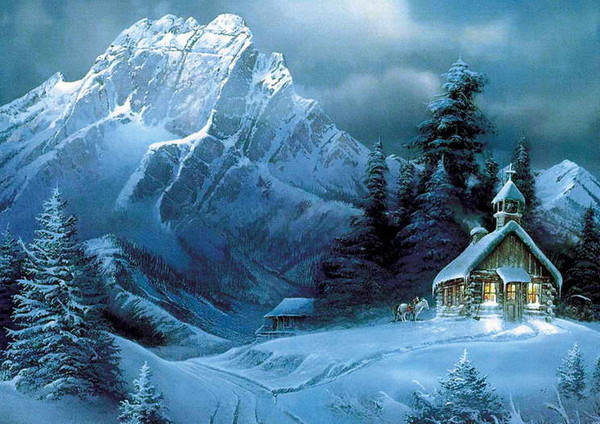 церковь в горах - горы, дорога, церковь, зима, лес, храм, дом, рождество - оригинал