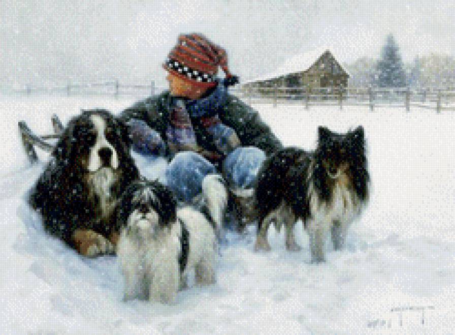 зимняя упряжка - новый год, рождество, собаки, зима, дети, мальчик, снег, праздник - предпросмотр