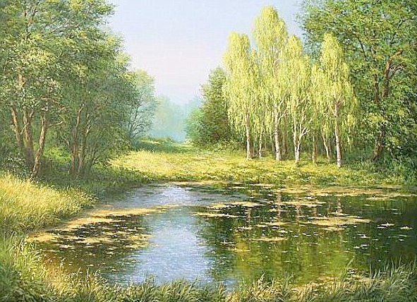 "Старый пруд" -2й вариант -большая-(Е. и М.  Иваненко) - лето, пейзаж, картины, живопись, пруд, лес - оригинал
