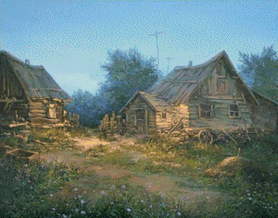 "Сумерки" (Е.и М.Иваненко) - домики, картины, деревня, пейзаж, живопись - предпросмотр