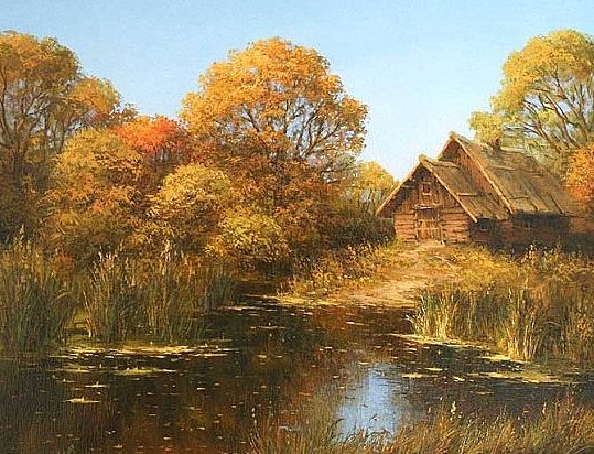 "Домик у реки" (Е.и М. Иваненко) - река, пейзаж, живопись, домики, осень, деревня, картины - оригинал