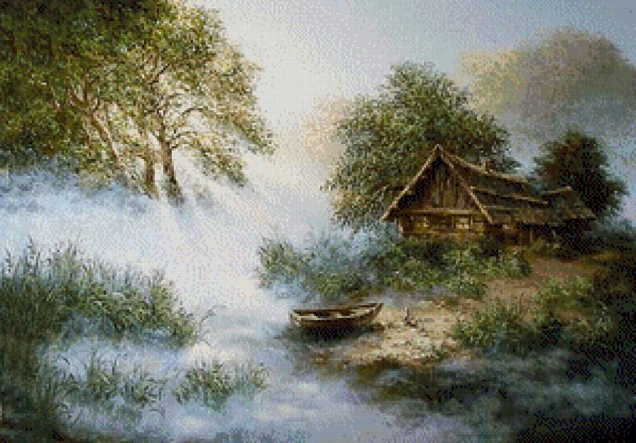 "Утренний туман" (Е.и М.Иваненко) - утро, туман, картины, пейзаж, живопись, лес, домики - предпросмотр