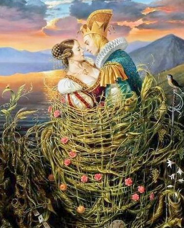 Свидание в плетеной корзине (сюрреализм) - сюрреализм, поцел, свидание, живопись, картины, романтика, пара, любовь - оригинал