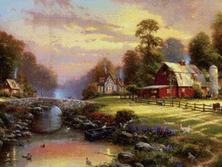 Томас Кинкейд - картина, мост, дом, река, природа - предпросмотр
