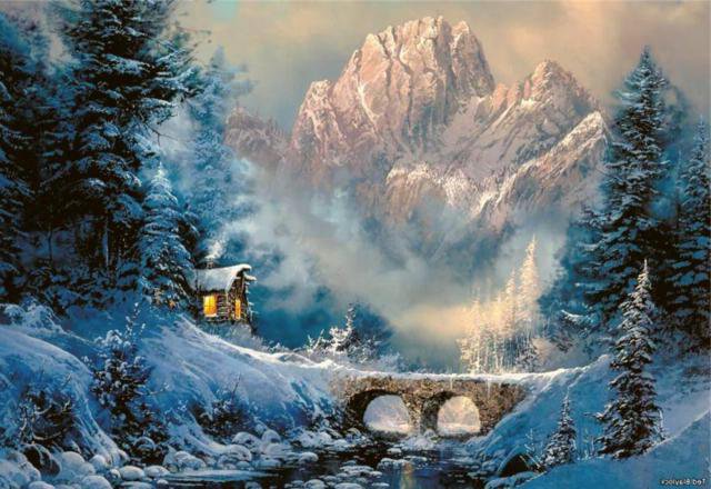 зима в горах - дом, мостик, зима, горы, снег, новый год, елки, домик, лес - оригинал