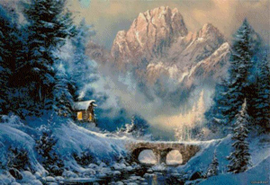 зима в горах - дом, лес, новый год, елки, мостик, горы, зима, домик, снег - предпросмотр