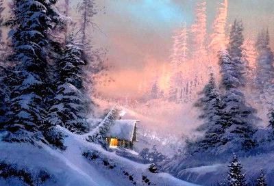 зима зима - избушка, снег, лес, пейзаж, зима, дерево, домик, горы - оригинал