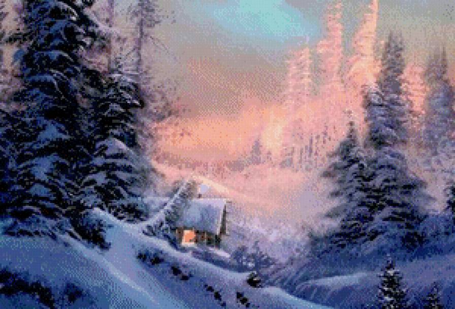 зима зима - пейзаж, избушка, дерево, домик, снег, горы, зима, лес - предпросмотр