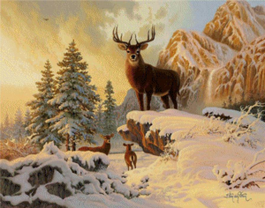 олени - горы, животные, зима, снег, лес - предпросмотр